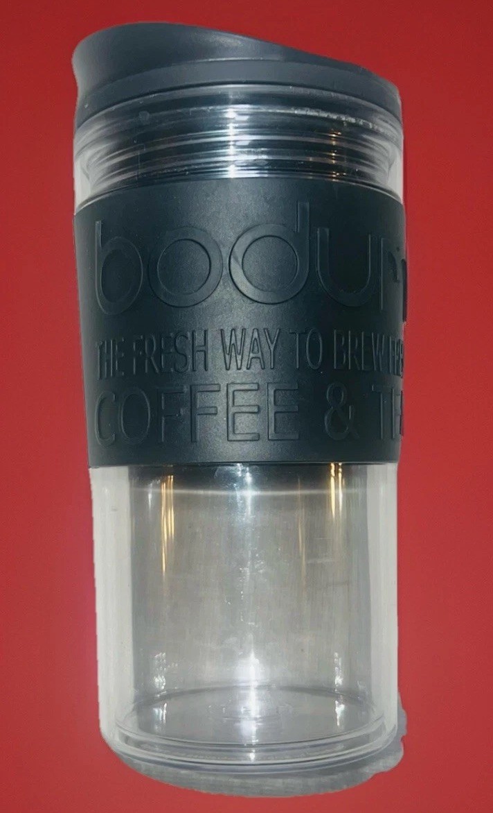 Bodum Travel Cup Mug Tea Coffee Black Clear Plastic Brew Fresh Snap Top Lid 6”
