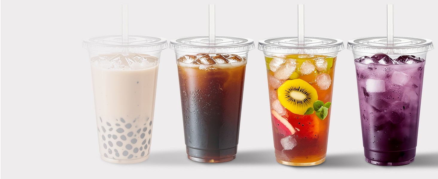 100 Sets- Clear Plastic Cups with Lids and Straws, Disposable To Go Cups for