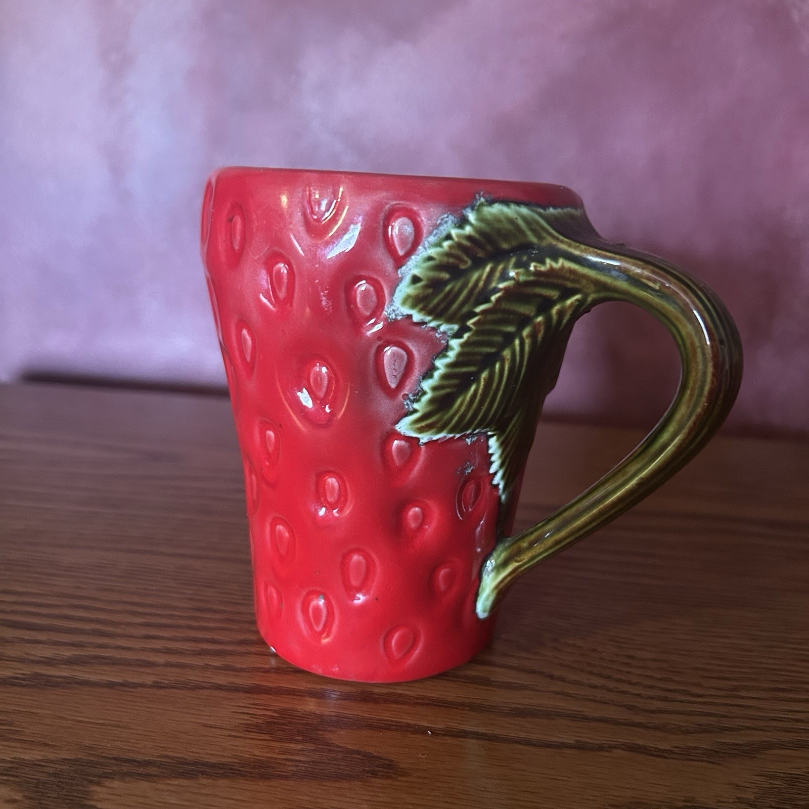 Red Strawberry Pattern Ceramic Coffee Mug w/ Green Leaf Handle, 8 fl oz