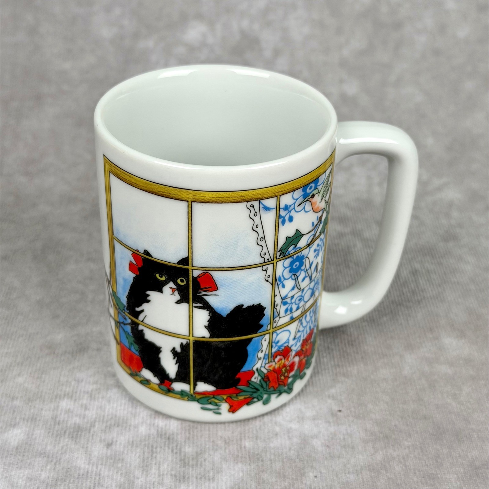 Otagiri Cindy Sugawara Tuxedo Cat Hummingbird Coffee Mug Japan Vintage White