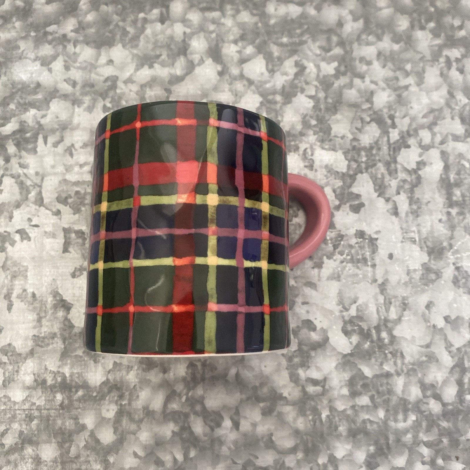 Anthropologie Tartan Plaid Stoneware Coffee Tea Mug Pink Interior & Handle