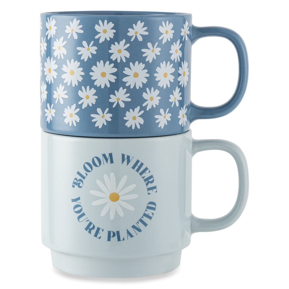 Stacking Daisy Bloom and Where Planted Blue Mugs Set of 2 Stoneware 14.2 fl oz