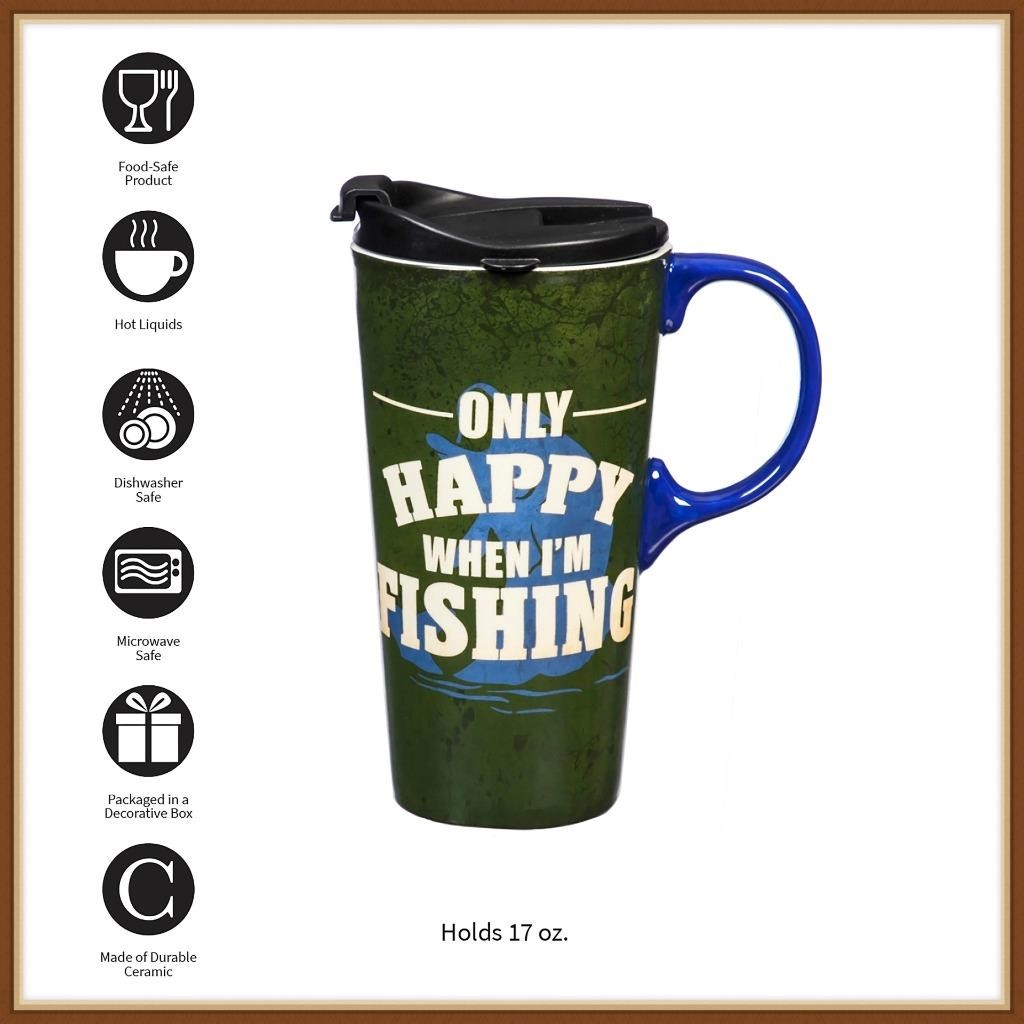 EVERGREEN TRAVEL MUG * ONLY HAPPY WHEN I’M FISH * PERFECT CUP – MATCHING BOX NEW