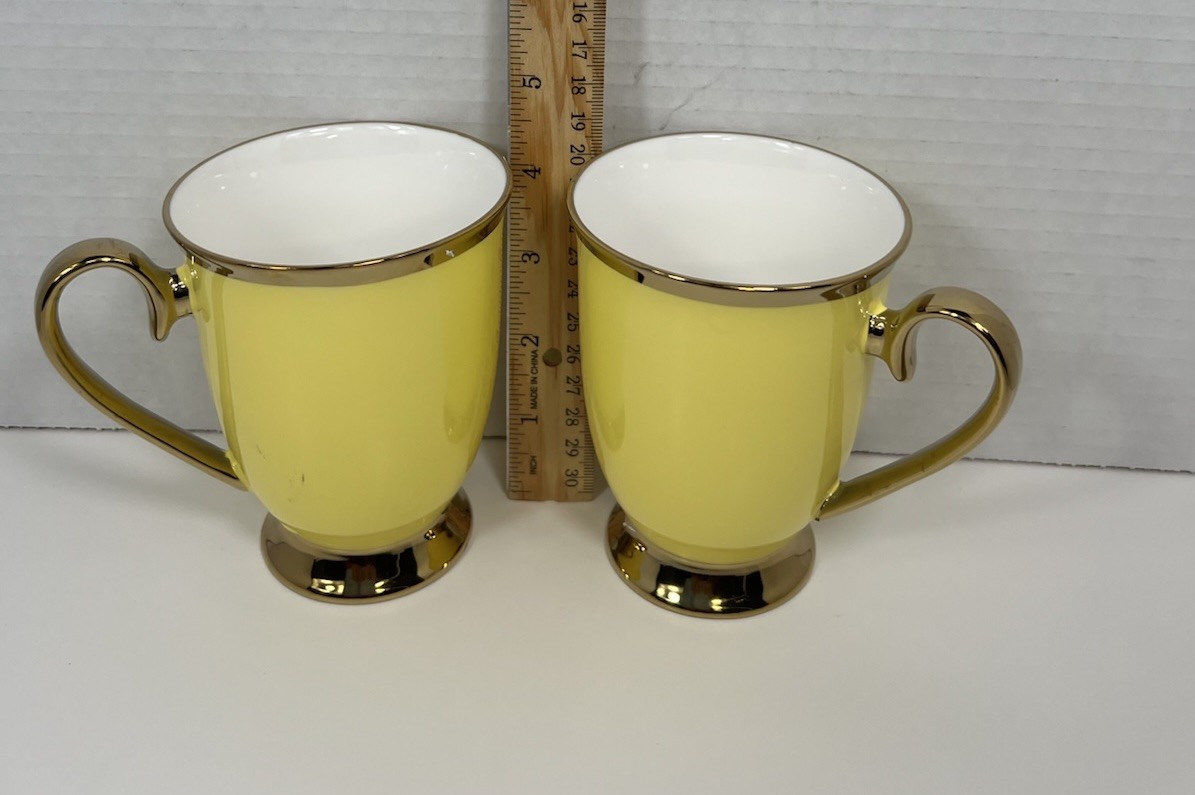 Grace Teaware Fine Porcelain Footed Coffee Tea Mugs Yellow Gold Trim Set of 2