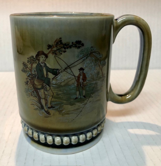 Vintage Wade Irish ceramic porcelain mug fly-fishing scene green & blue
