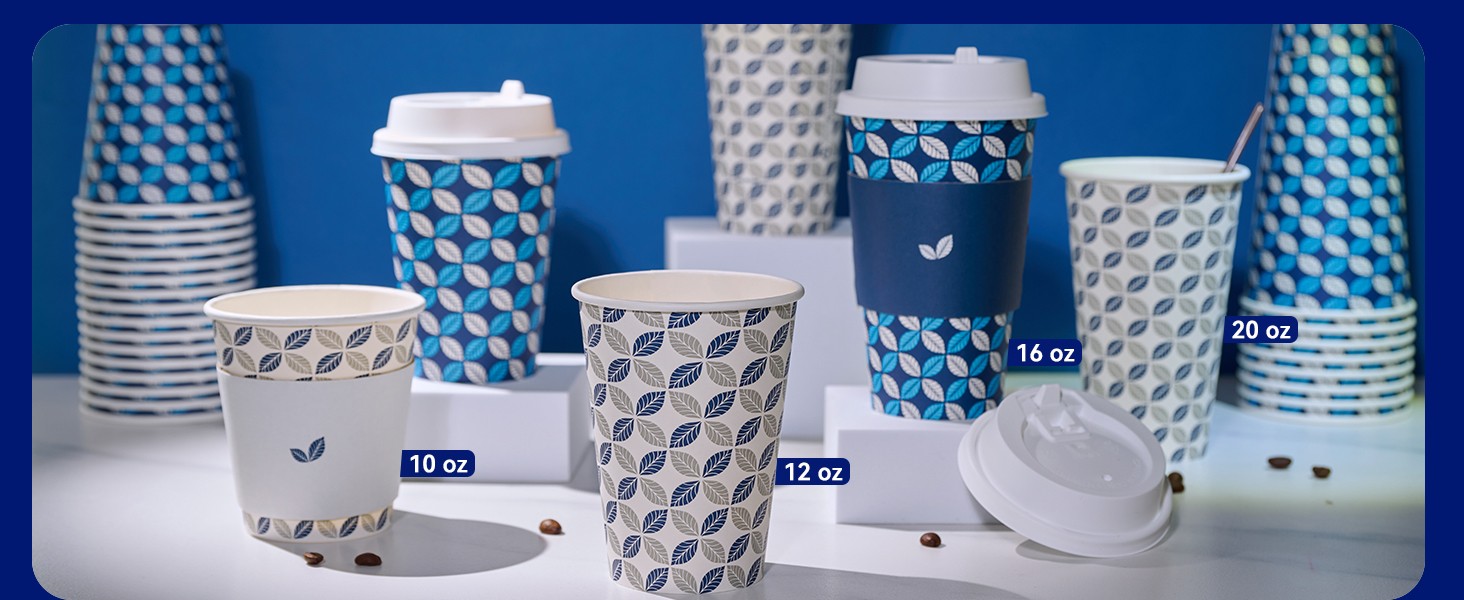 Paper Coffee Cups, Disposable To Go Coffee Cups with Lids, Sleeves and Stirrers
