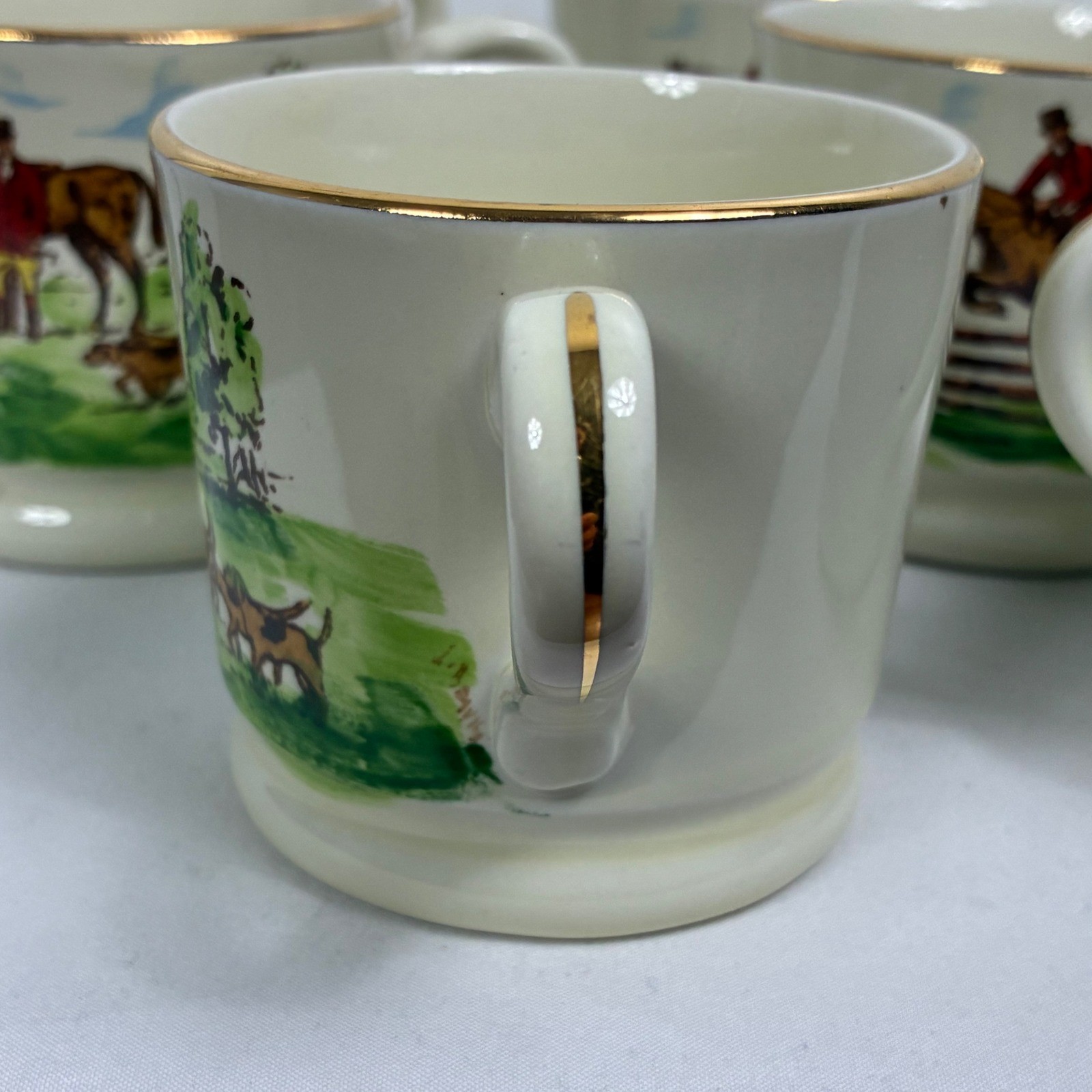 Heirloom China Hand Painted Fox Hunt Equestrian Coffee Mugs Gold Trim Set of 11