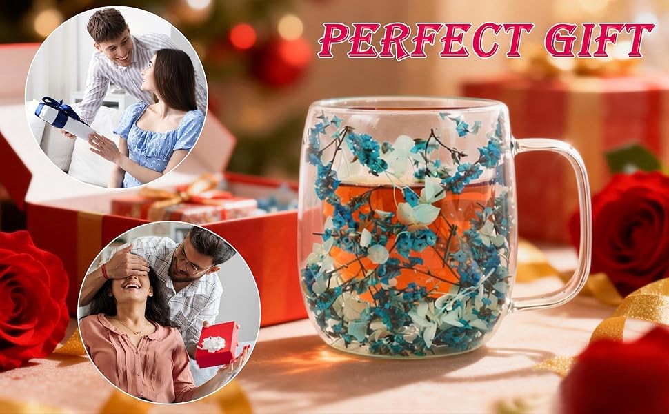Real Flower Glass Tea Cup, Double Wall Borosilicate Coffee Mug with Preserved
