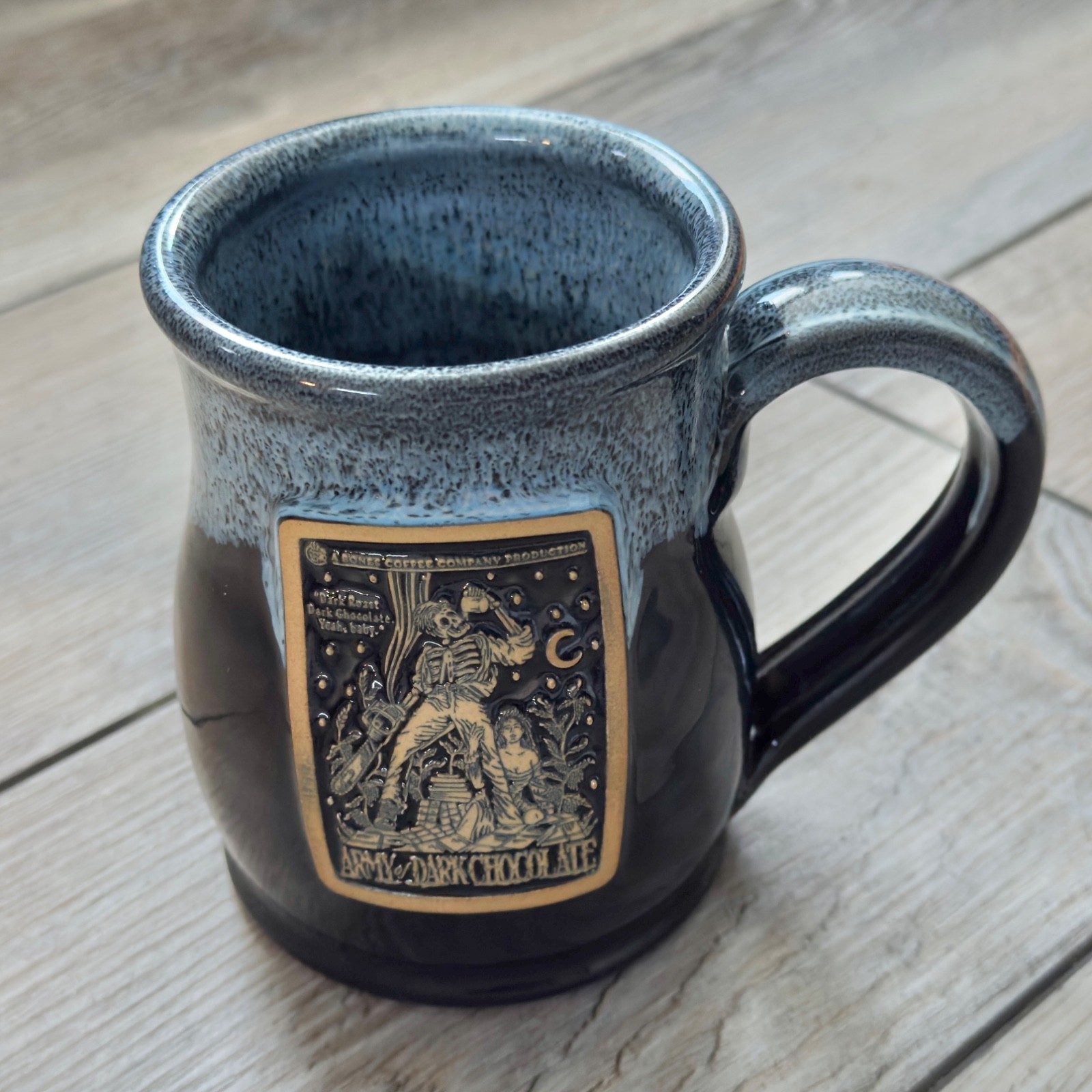 Bones Coffee Company Army of Dark Chocolate Blue & Black Coffee Tea Mug Cup