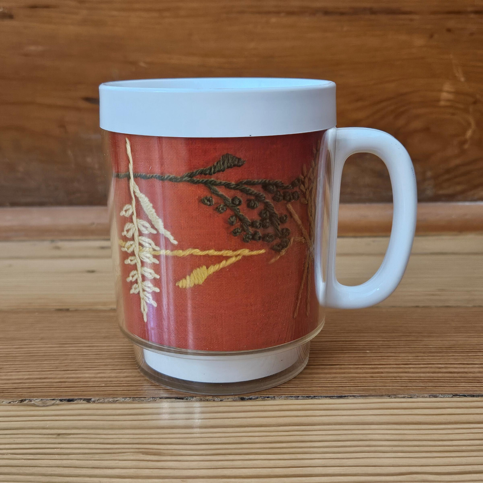 2 Vintage Thermo Serv Coffee Cups Insulated Mugs Faux Embroidery Bees & Flowers