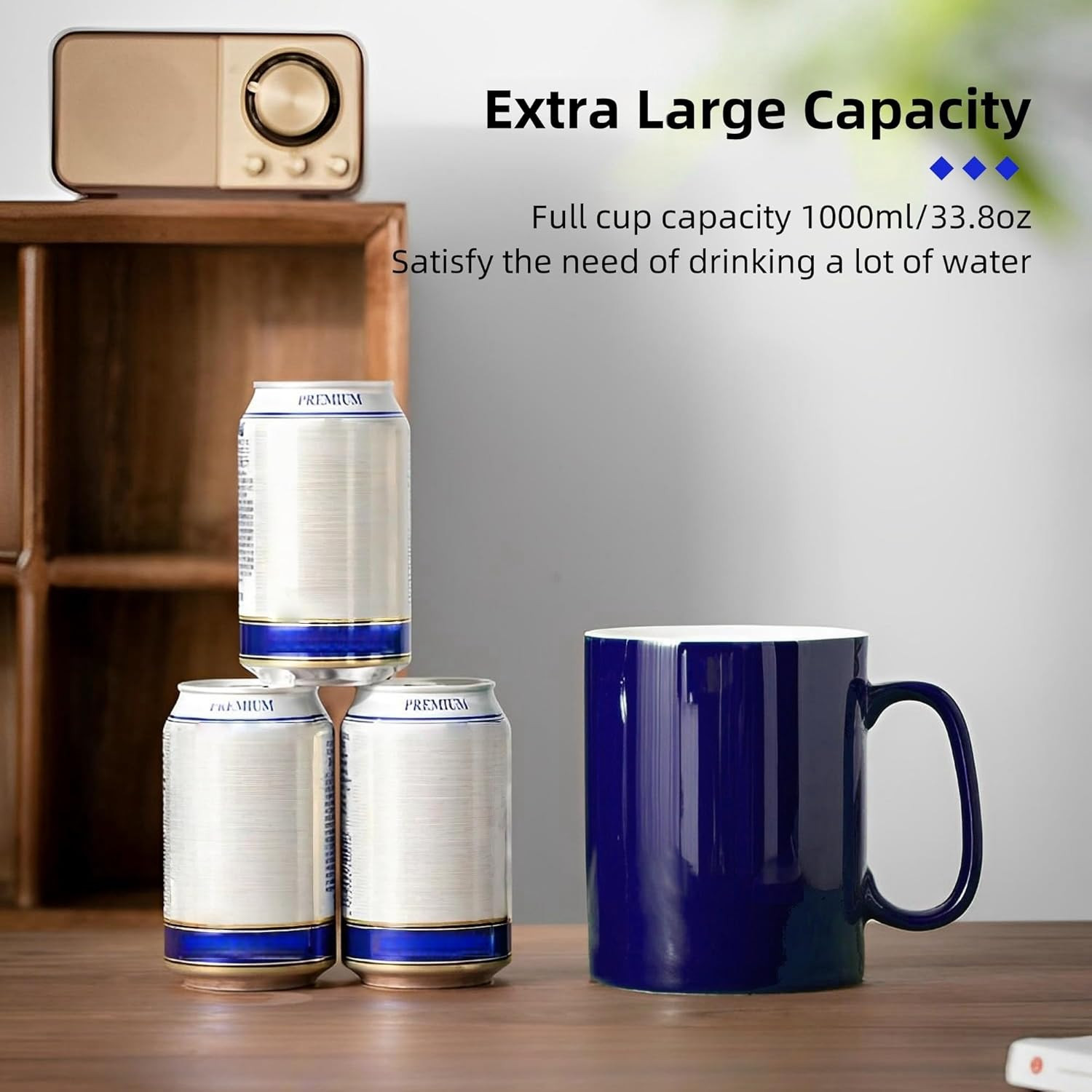 33 oz Extra Large Coffee Mug Ceramic With Lid Handle Oversized Tea Cup Blue