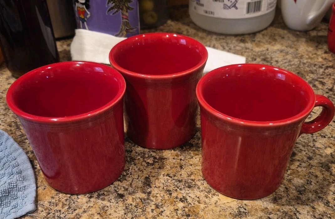 Set Of 3 HLC Fiesta Ware Made In USA Red Coffee Tea Mugs Cups Ring Handle