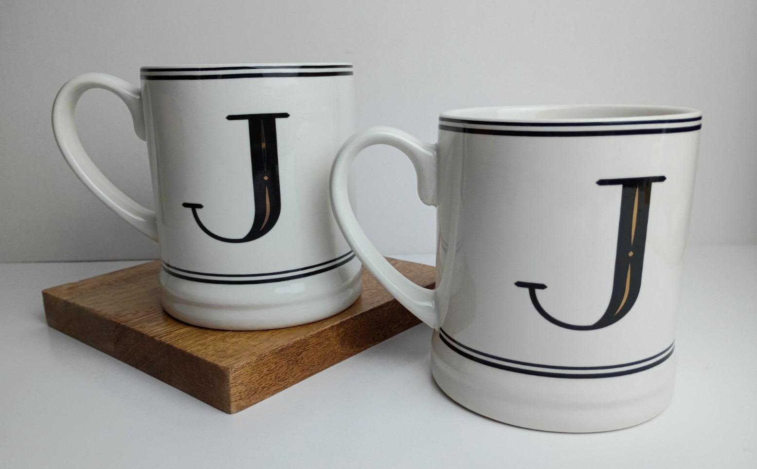 Threshold Stoneware 16oz Coffee Mugs (2) White w/Black & Gold Monogram J