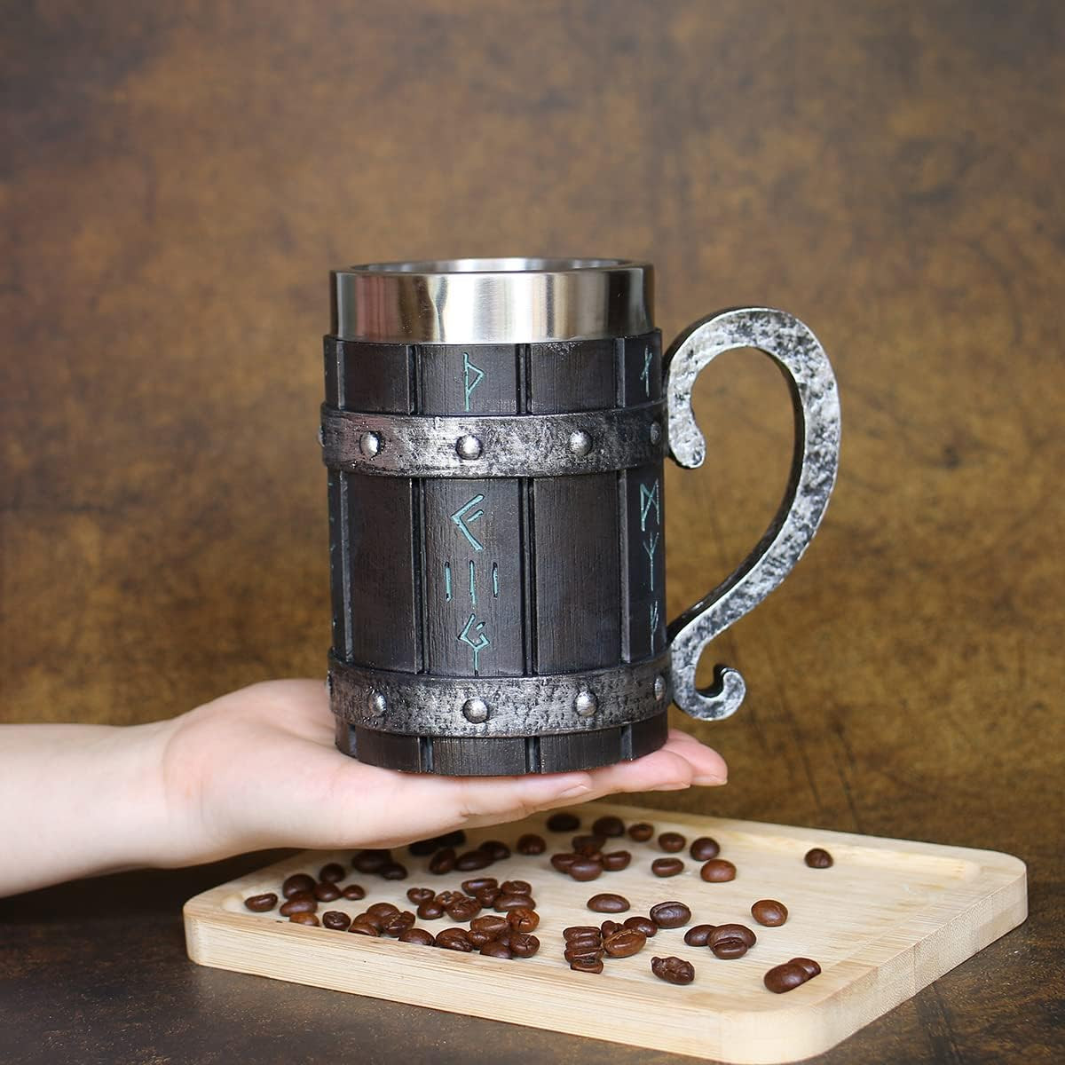 Nordic Viking Mug,Oak Wooden Beer Stein Stainless Steel Liner,Nordic Mythology V