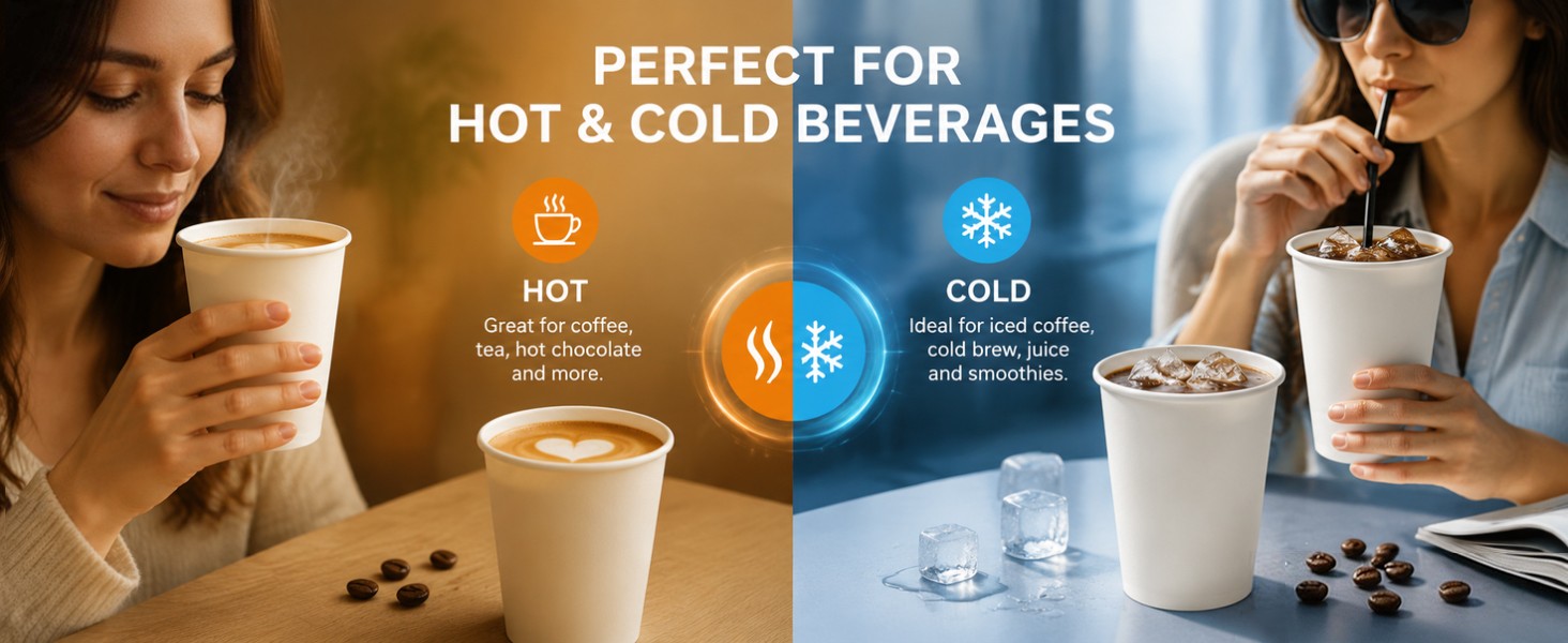 Disposable Paper Coffee Cups Bulk, Leak-Proof White Coffee Cups for Hot & Cold