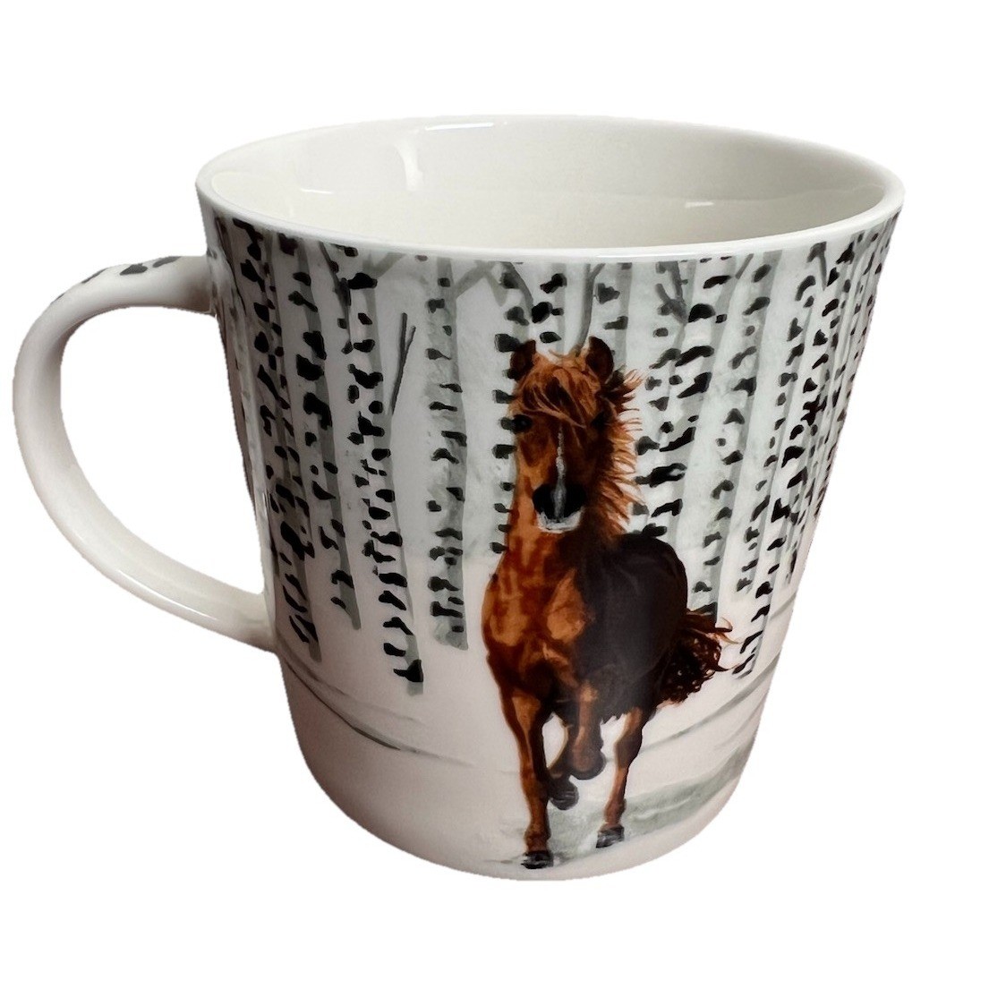 PPD Two Can Art Horse Birch Forest New Bone China Coffee Mug White Brown 3.5in