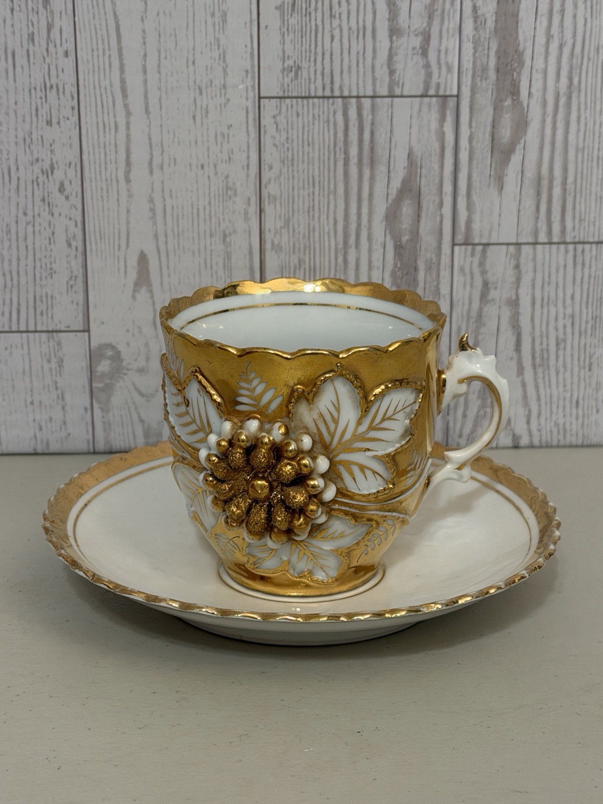 ANTIQUE ART DECO GERMAN 3D COFFEE TEA CUP & SAUCER GOLD FLORAL FLOWERS & LEAVES