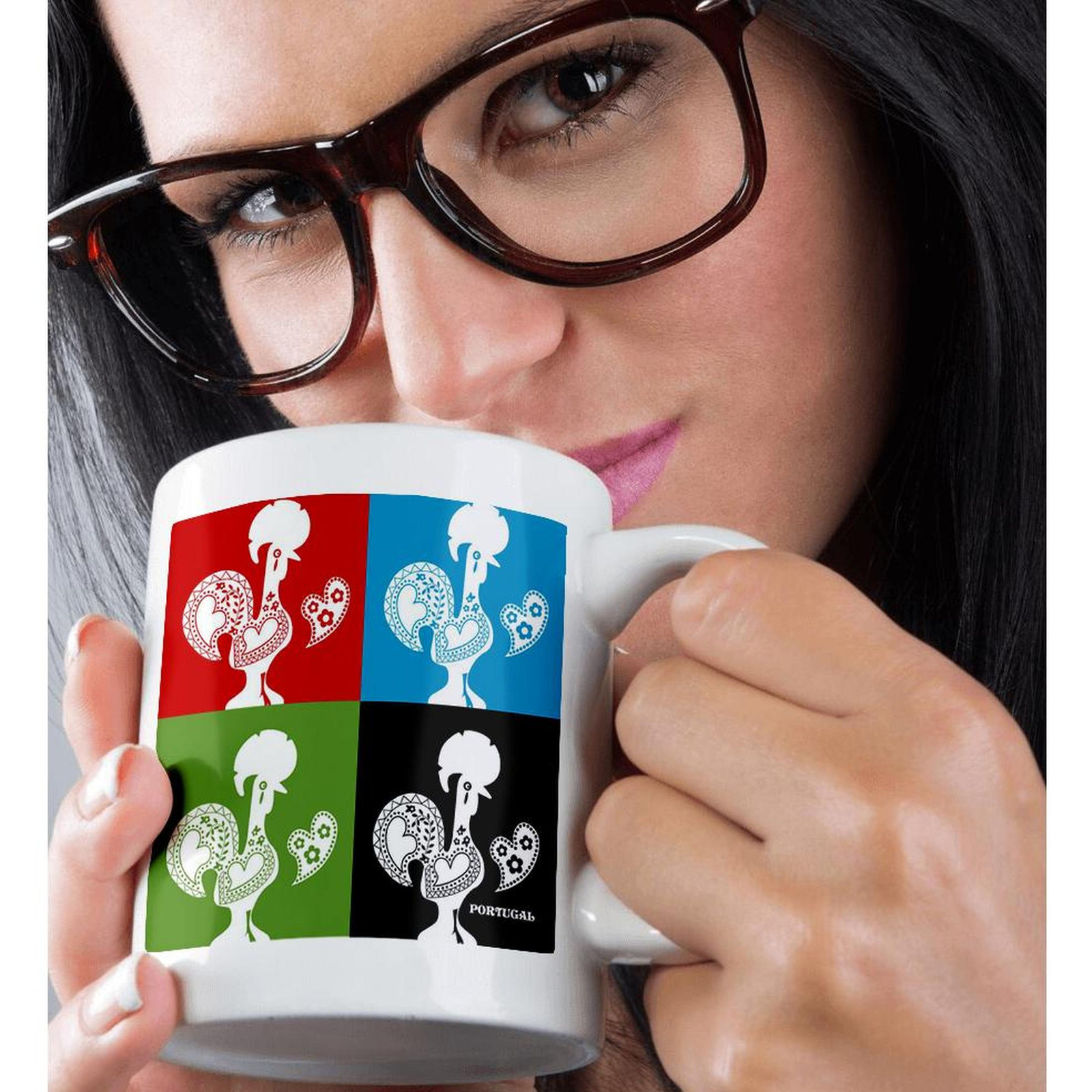 3dRose, Four portuguese roosters in black, red, blue and green color, Mug