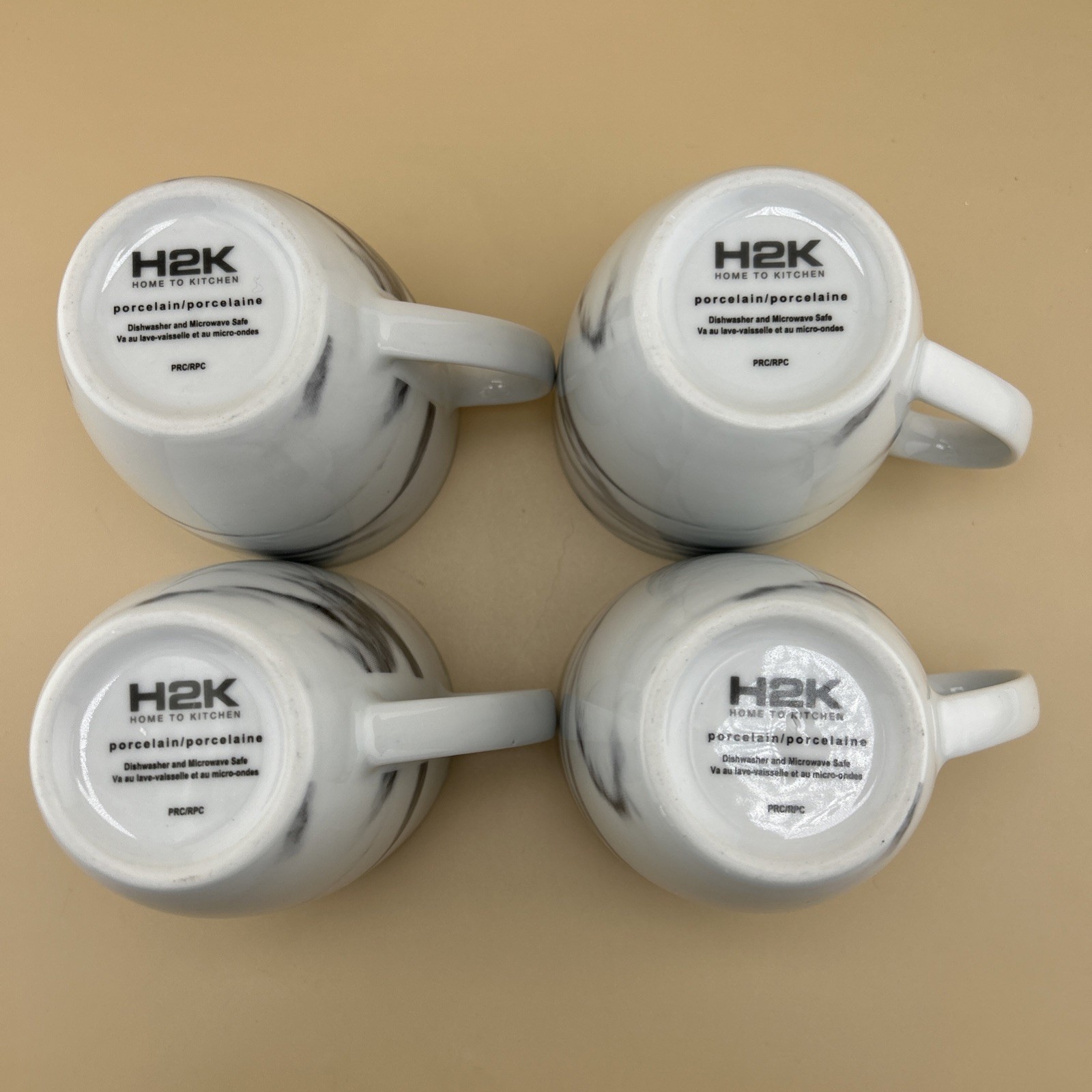 (4) H2K Home To Kitchen Porcelain Coffee Mugs Marble Look Grey and White