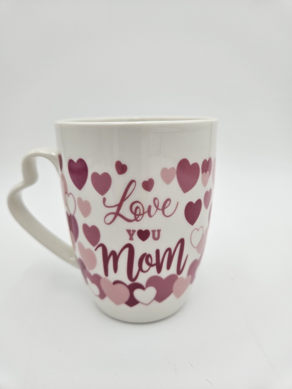 Heart Handle Ceramic Coffee Mug White Pink Red Decorated Mother’s Day Family