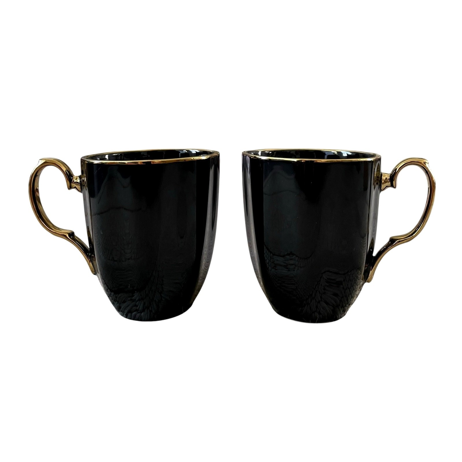Grace Teaware Fine Porcelain Black & Gold Coffee Mugs Tea Cup Set of 2 NEW