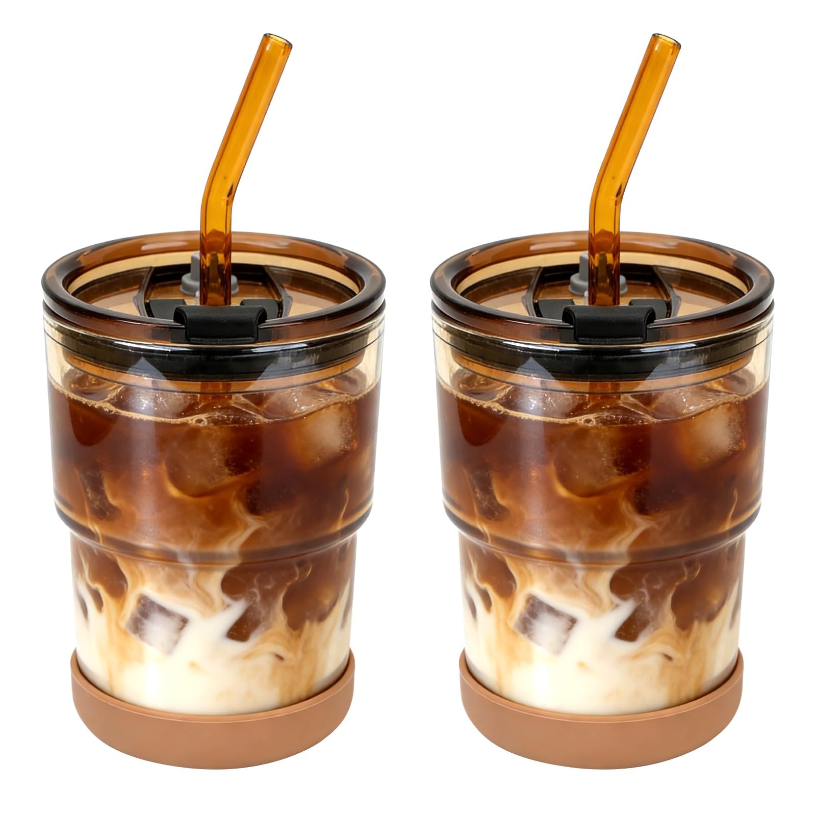 13 oz Glass Cups with Lid and Straw 2 Pack, Non-Slip Bottom