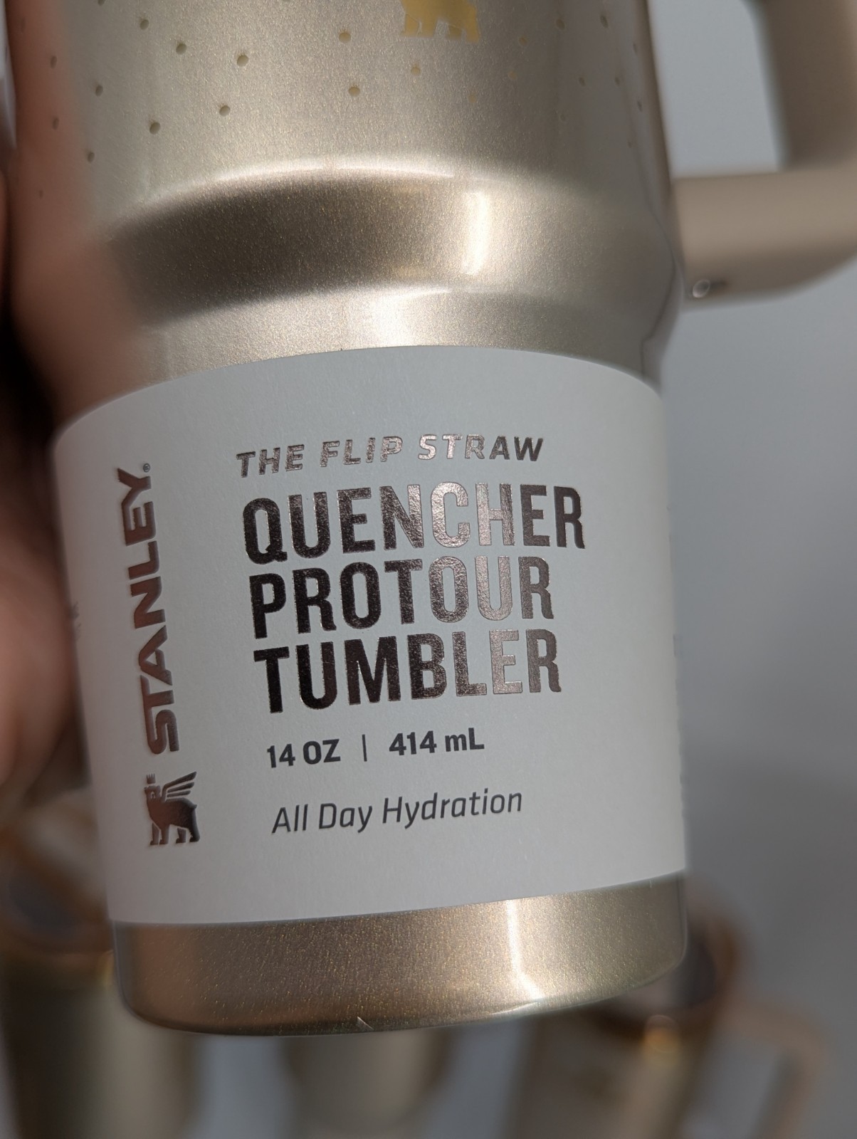 new STANLEY Protour Tumbler water bottle cup 14OZ Prosecco Shimmer Gold NO spill