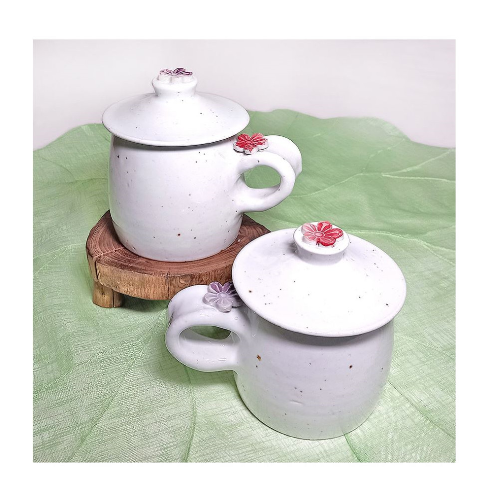 Korean Handmade Ceramic Mug Set White Floral Lid Tea Coffee Cup Gift Set of 2