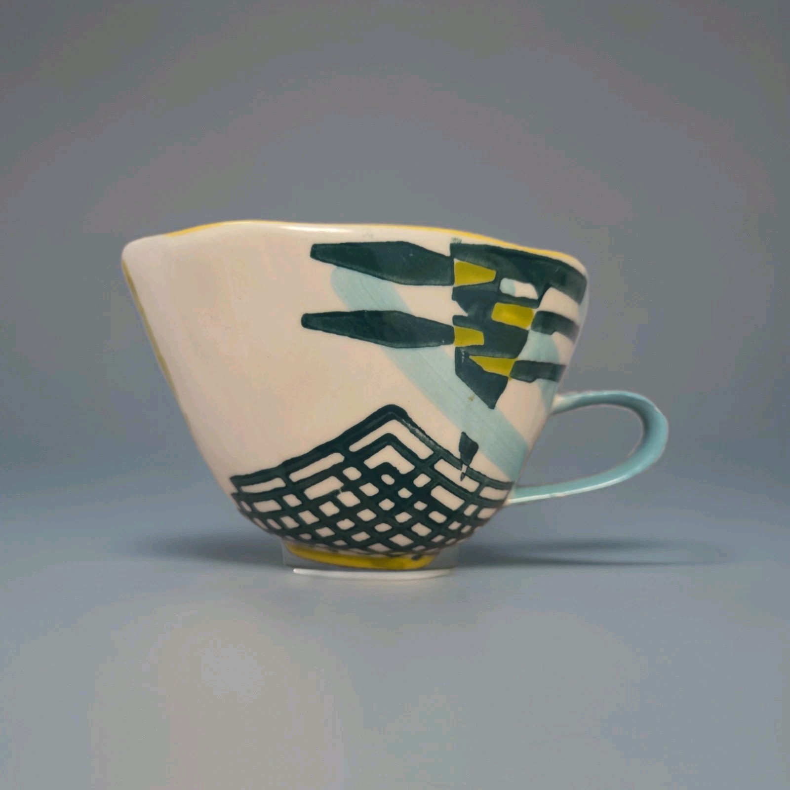 Anthropologie Yellow Green Blue White Graphic Art Deco Cup Mug Coffee