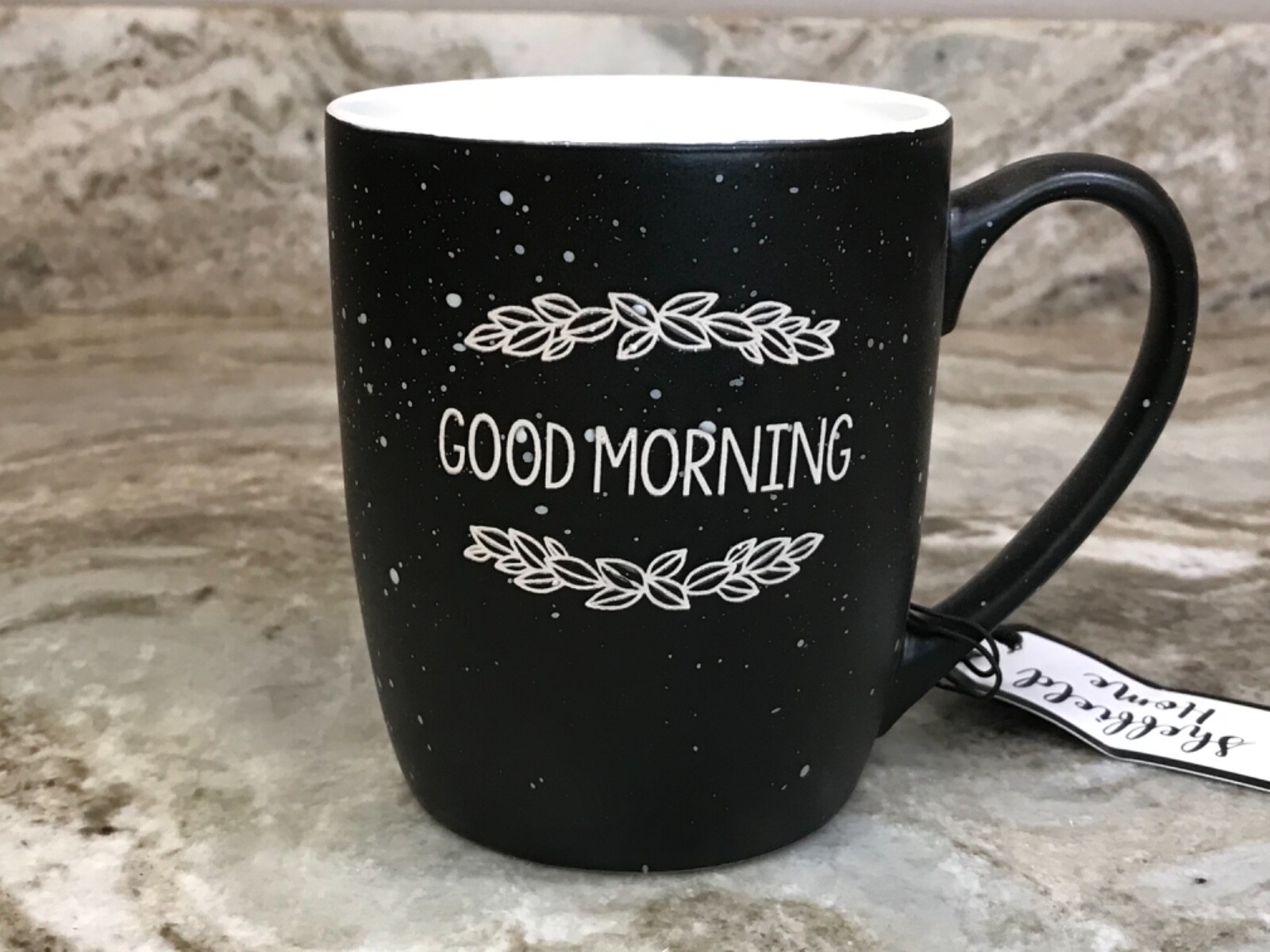 Large Coffee Mug Good Morning Black, White With Blue Speckles Sheffield Home New