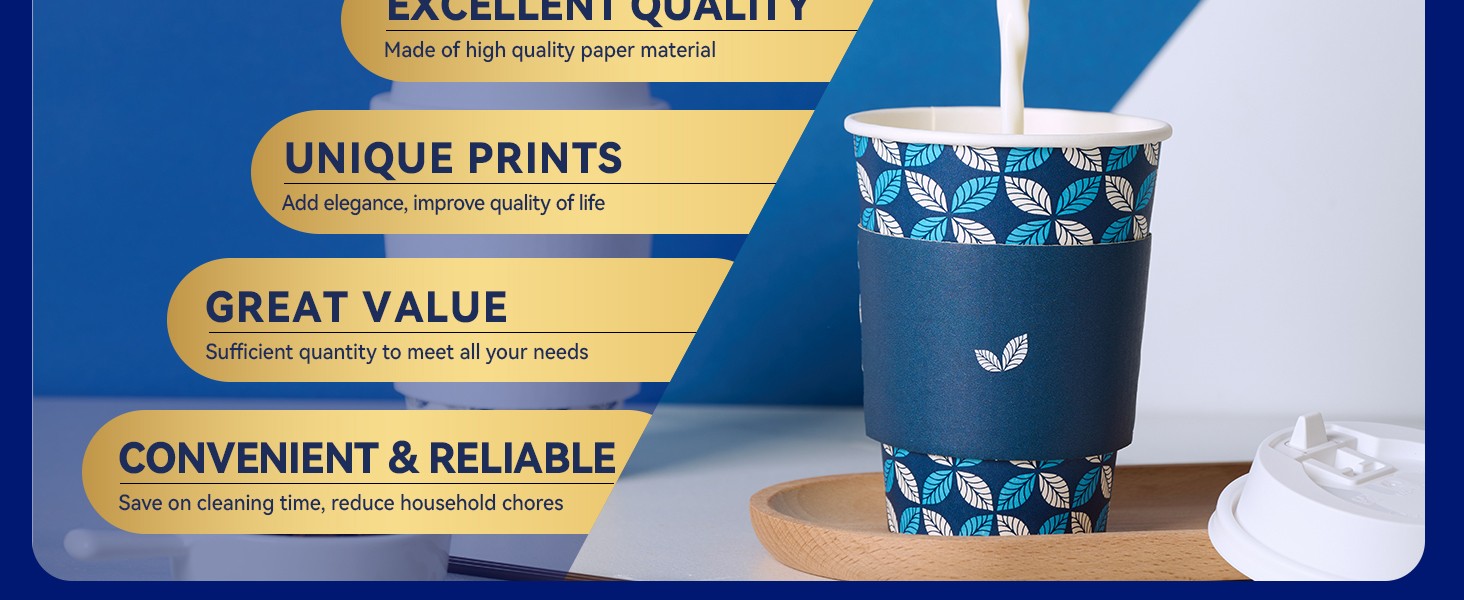Paper Coffee Cups, Disposable To Go Coffee Cups with Lids, Sleeves and Stirrers