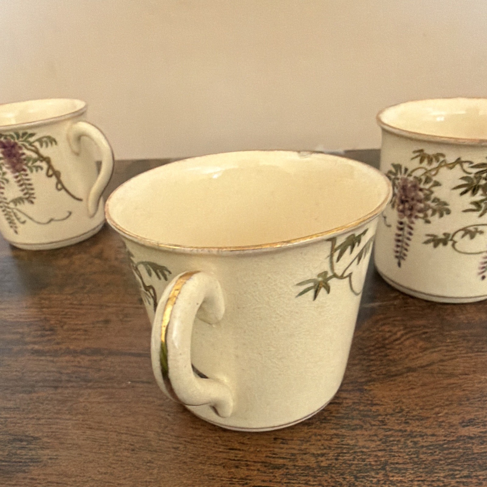 Set of 3 Ceramic Coffee Mugs Cream Purple Floral Vine Gold Rim 8 fl oz