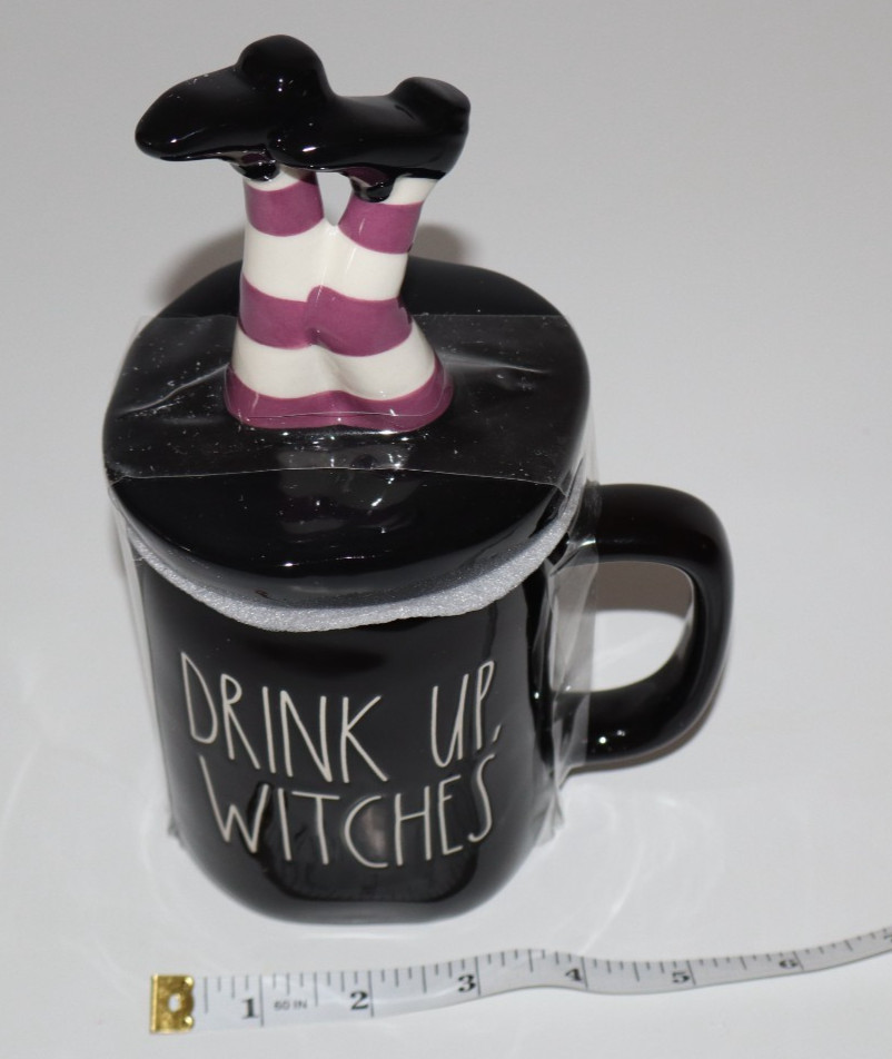 RAE DUNN Drink Up Witches Legs Topper Purple Halloween Black Coffee Mug NEW