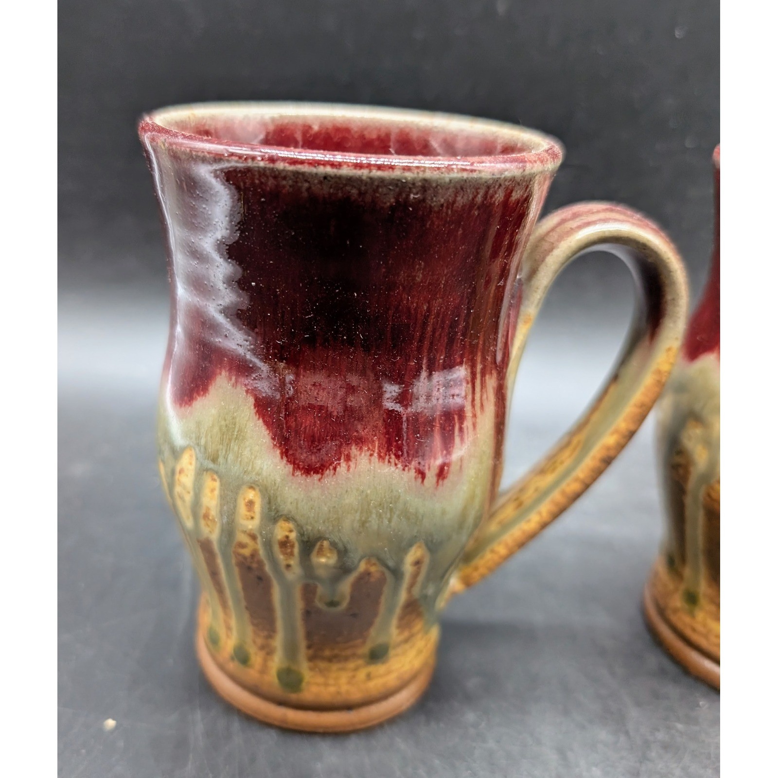 Ray Studio Pottery Signed Mugs Set of 2 Burgundy Green Drip Glaze Stoneware