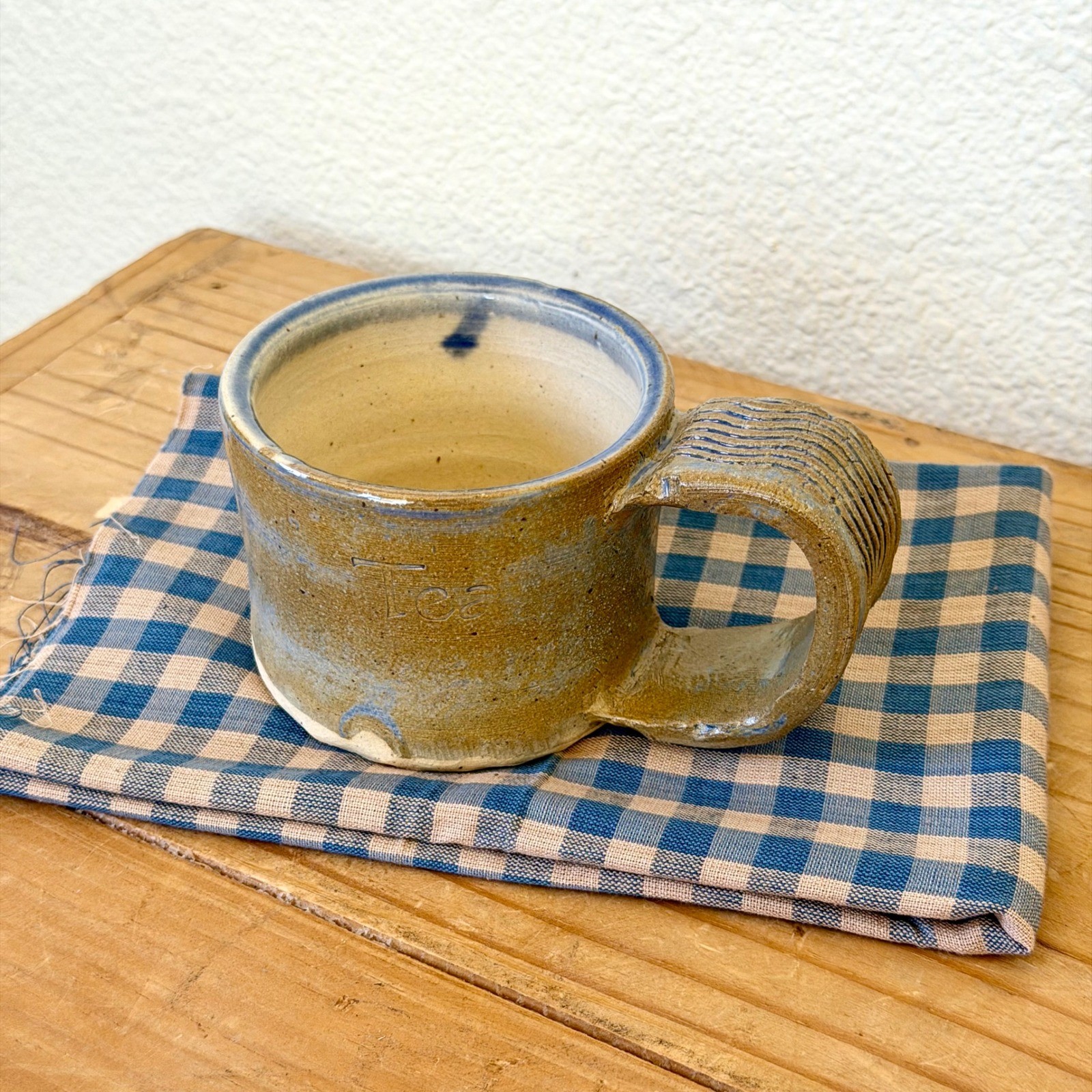 Studio Pottery Tea Mug Amber Glaze Coil Handle Signed Handmade Stoneware Cup