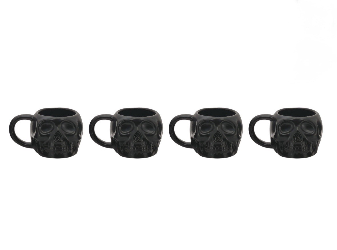 Set of 4 Black Skull Stoneware Stackable Coffee/tea Set with Iron Rack