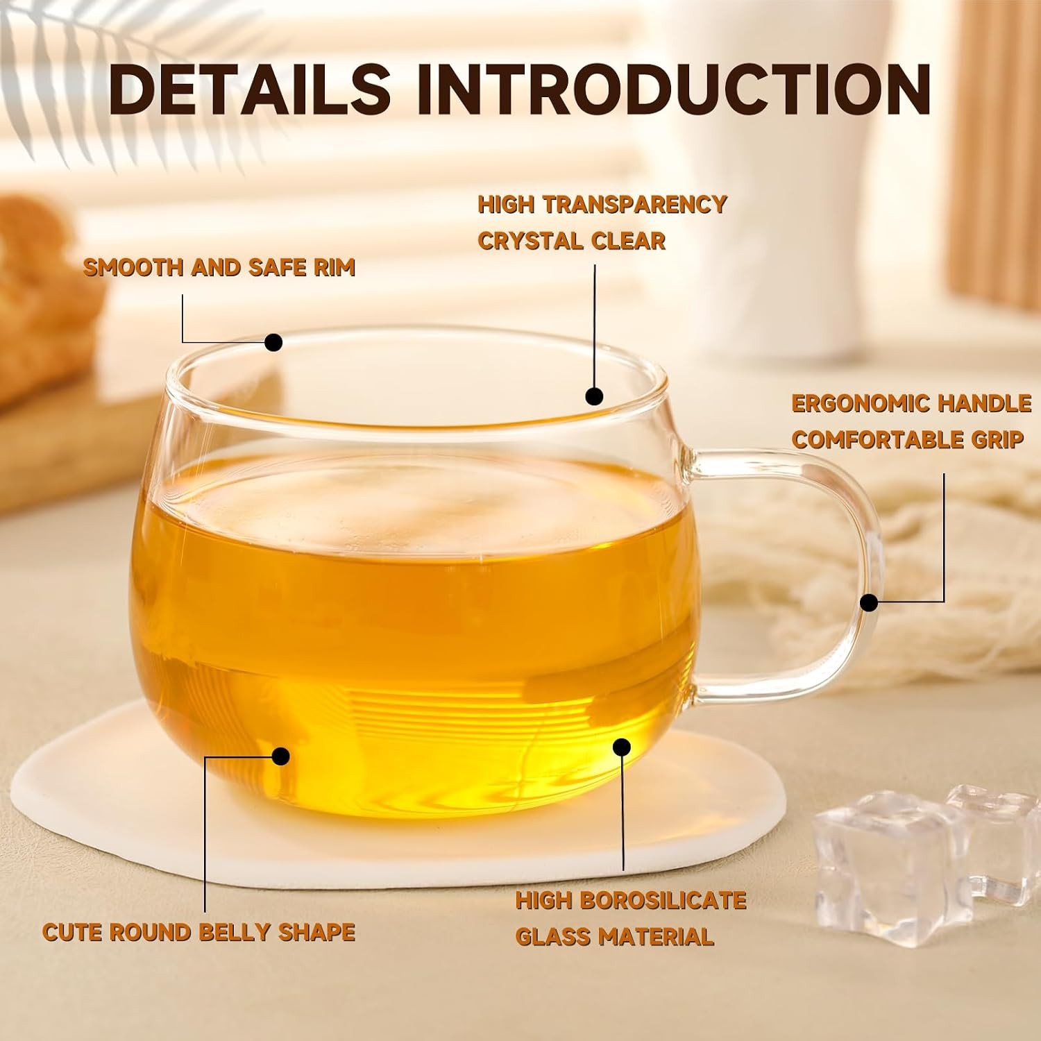 Glass Tea Cups Set of 2, Clear Borosilicate Glass Teacups with Handle for