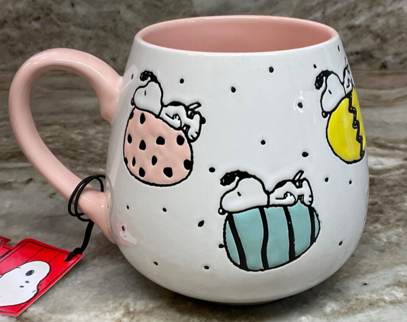 Large Coffee Mug. Snoopy With Colorful Easter Eggs And Dots. Pink Inside. New.
