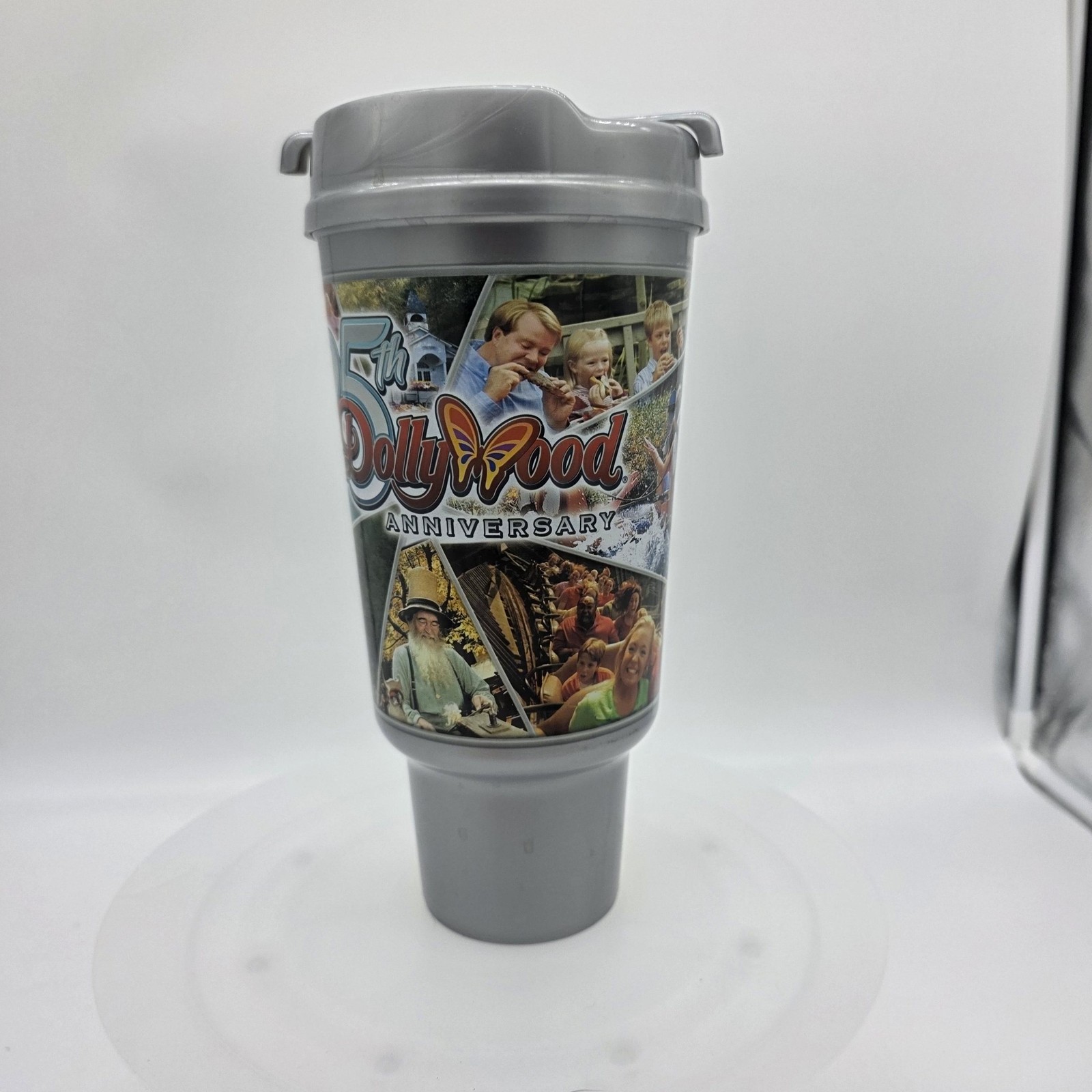 Dollywood Travel Mug Gray Plastic 25th Anniversary Theme Park Logo Handle Cup