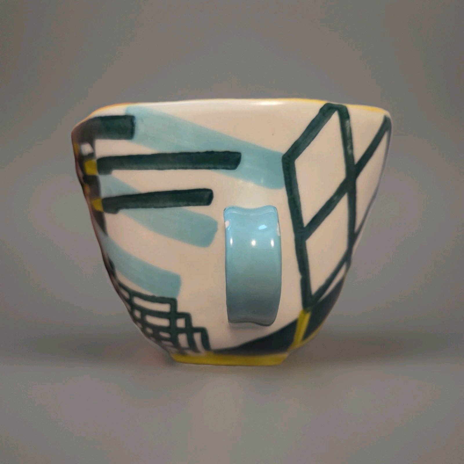 Anthropologie Yellow Green Blue White Graphic Art Deco Cup Mug Coffee