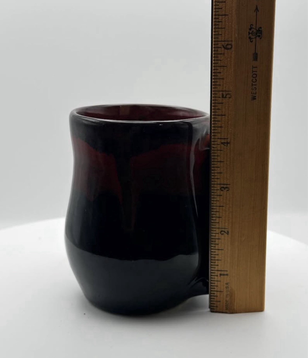 Lufkin Pottery Red Black Drip Glaze Hand warmer Mug Signed