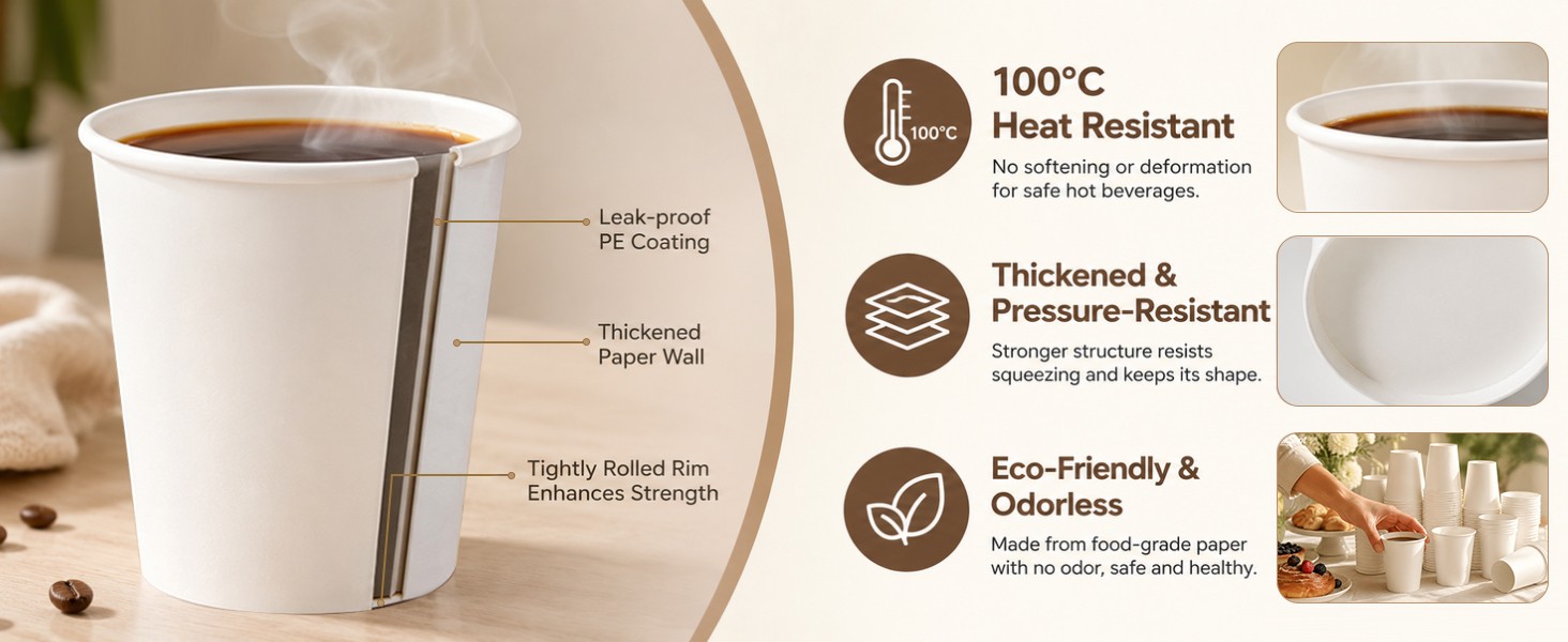 Disposable Paper Coffee Cups Bulk, Leak-Proof White Coffee Cups for Hot & Cold