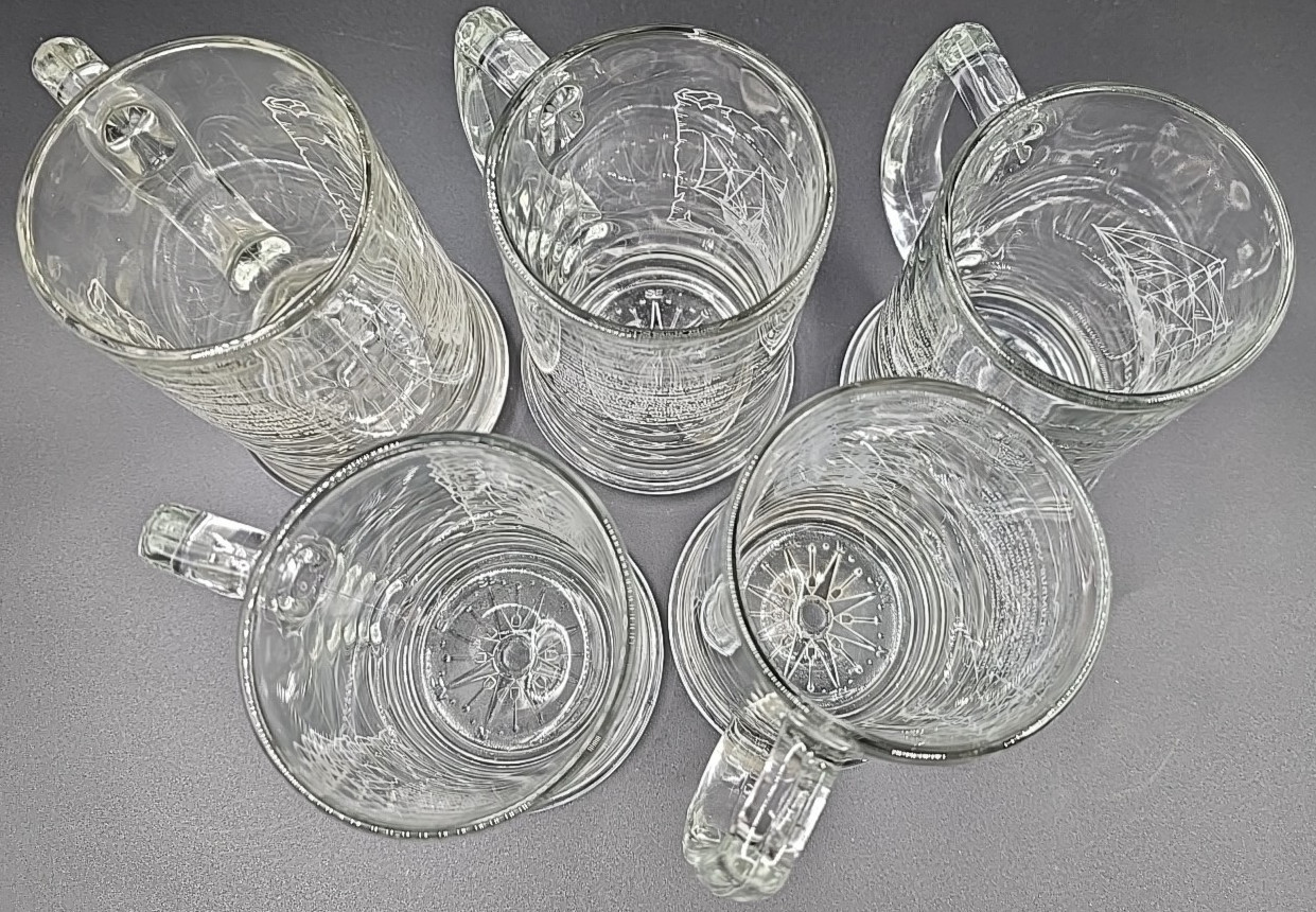 Vintage Etched Glass Ship Beer Mugs 5 pc Set Nautical Sailing Steins Historical