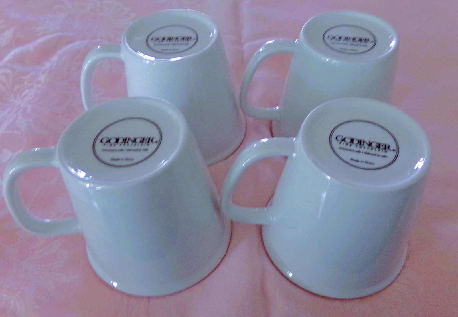 4 Godinger Fine Porcelain Coffee Large Mugs Cups White w/ Red Rim Mint!