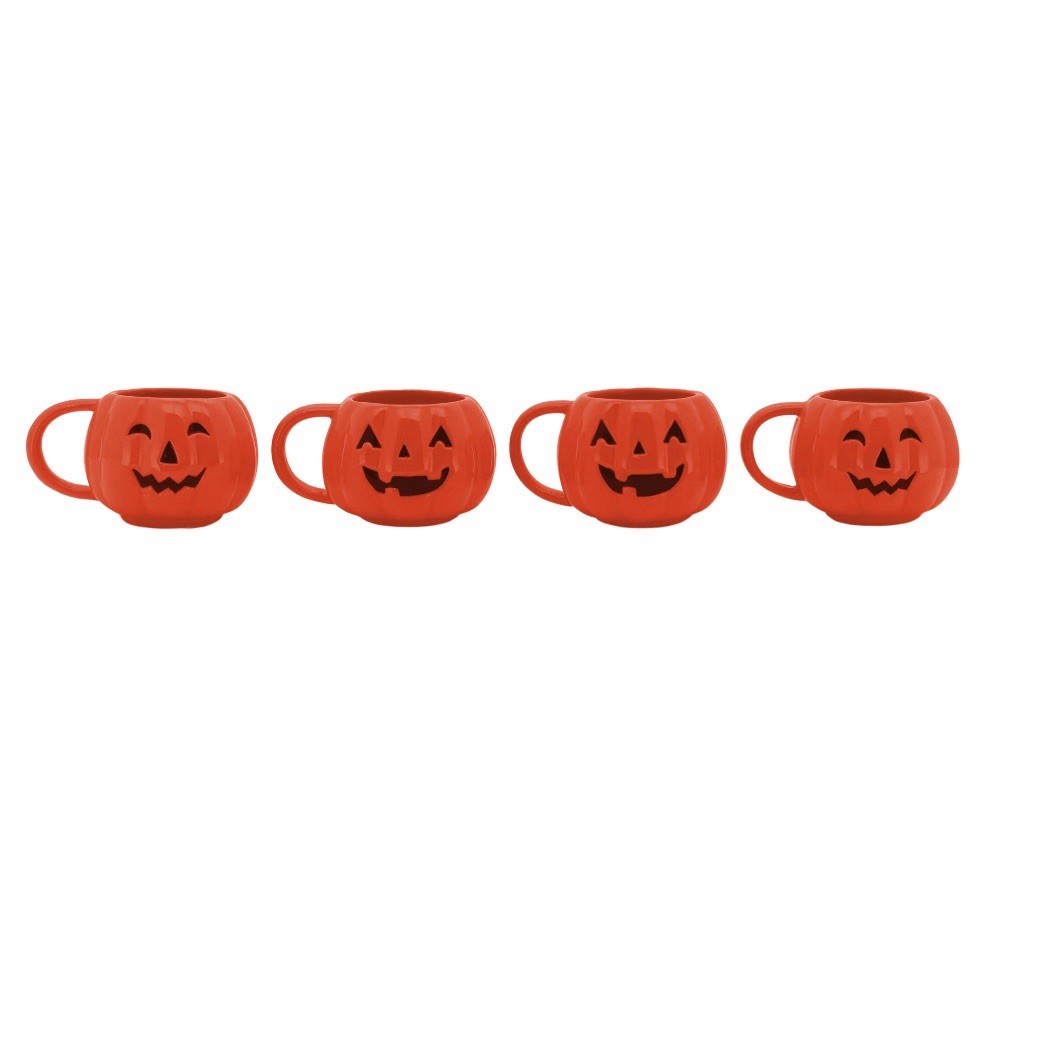 4 Pack Halloween Pumpkin Stoneware Stackable Mug Set 14-Oz Iron Storage Rack