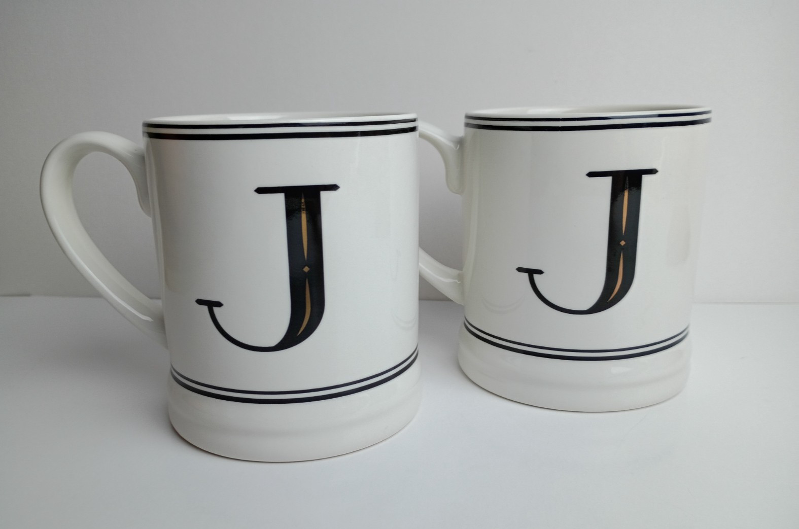 Threshold Stoneware 16oz Coffee Mugs (2) White w/Black & Gold Monogram J
