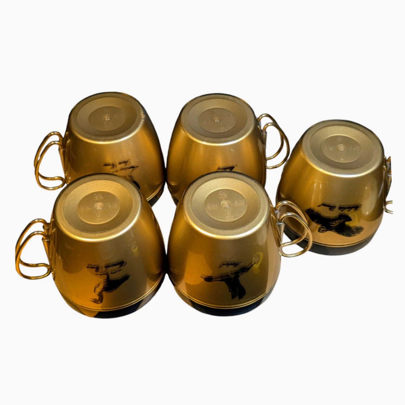 5 West Bend Insulated Mugs Cups Thermo-Serv Gold Black Birds Metal Handles MCM
