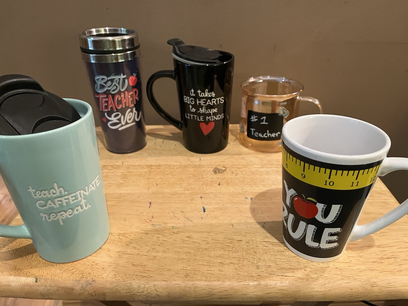 5pc Teacher Novelty Coffee Mug Set, Multicolor Mixed Materials, With Lid