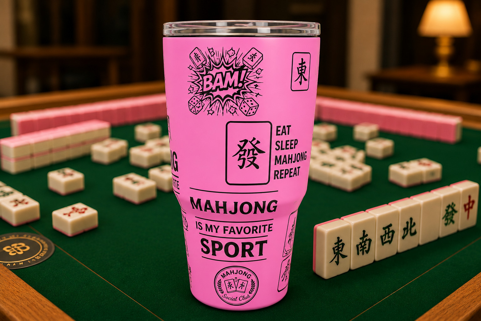 Premium Mahjong Themed 30 oz Vacuum Sealed Tumbler with Lid and Straw