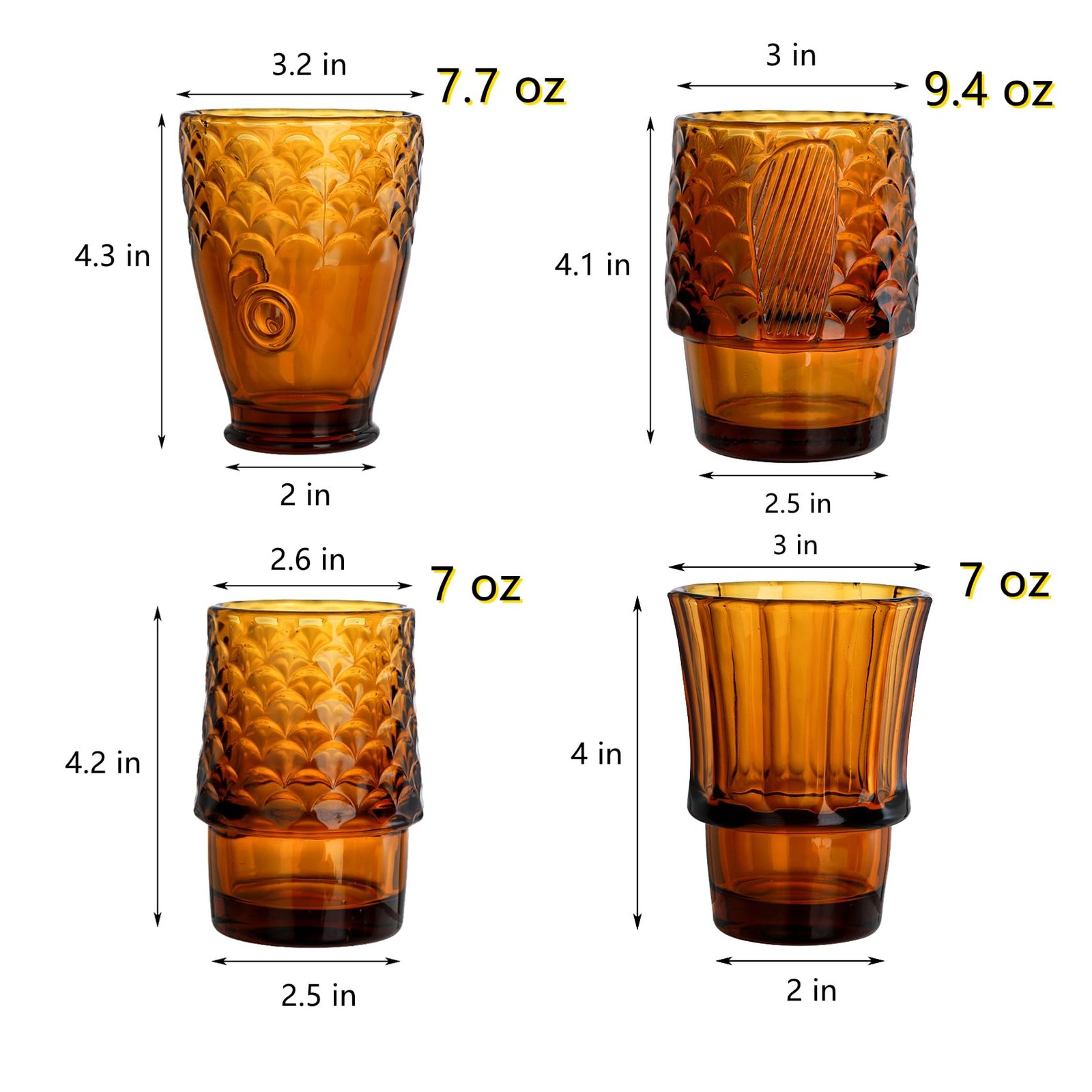 Set of 4 Koi Fish Design Drinking Glasses, Stackable Amber Tumbler Glasses Be…